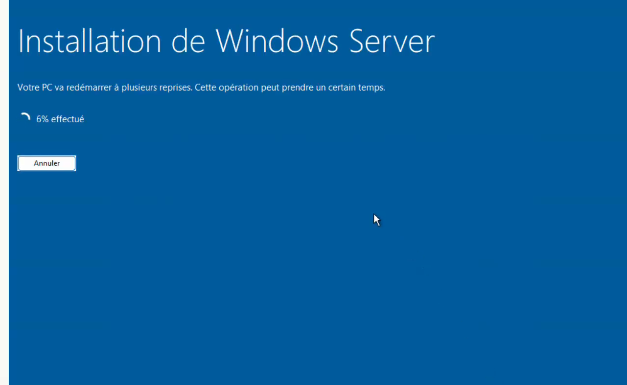 Progression de l'Installation Windows Server