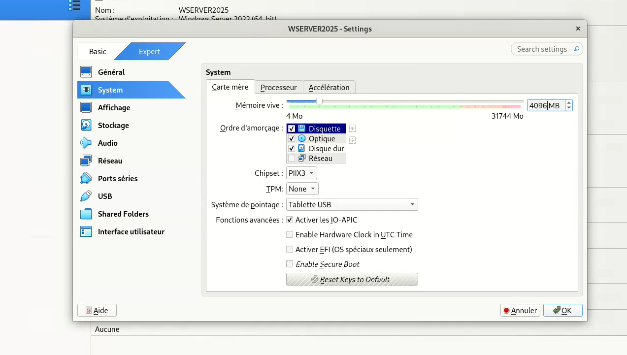 Configuration Système VirtualBox WSERVER2025