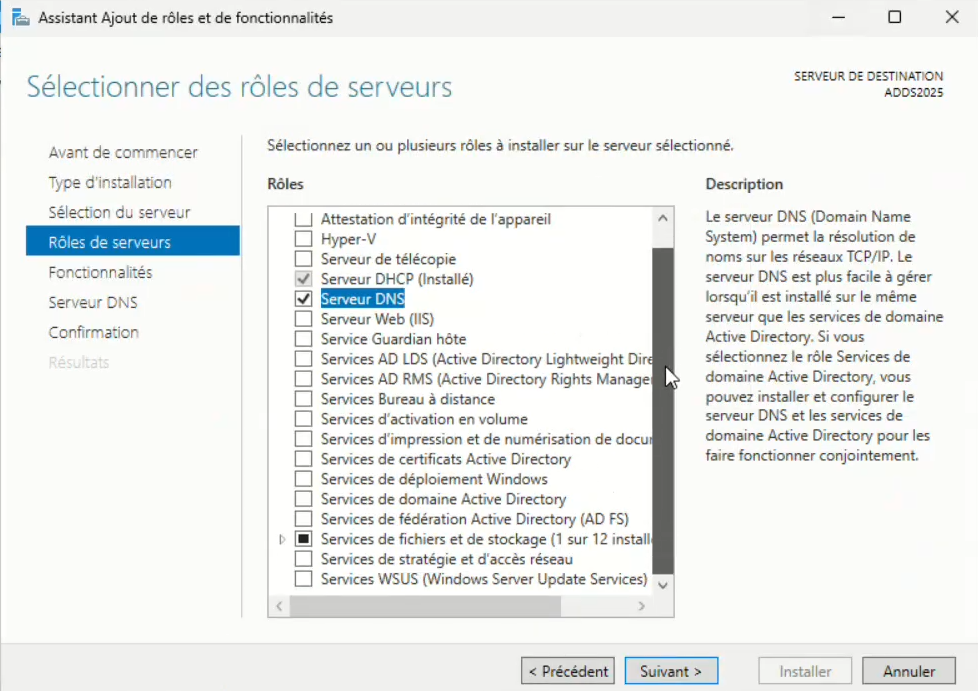 Sélection des rôles AD DS et DNS