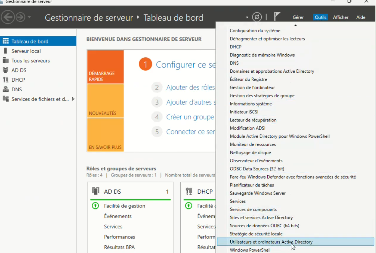 Ouvrir ADUC depuis le Gestionnaire de serveur