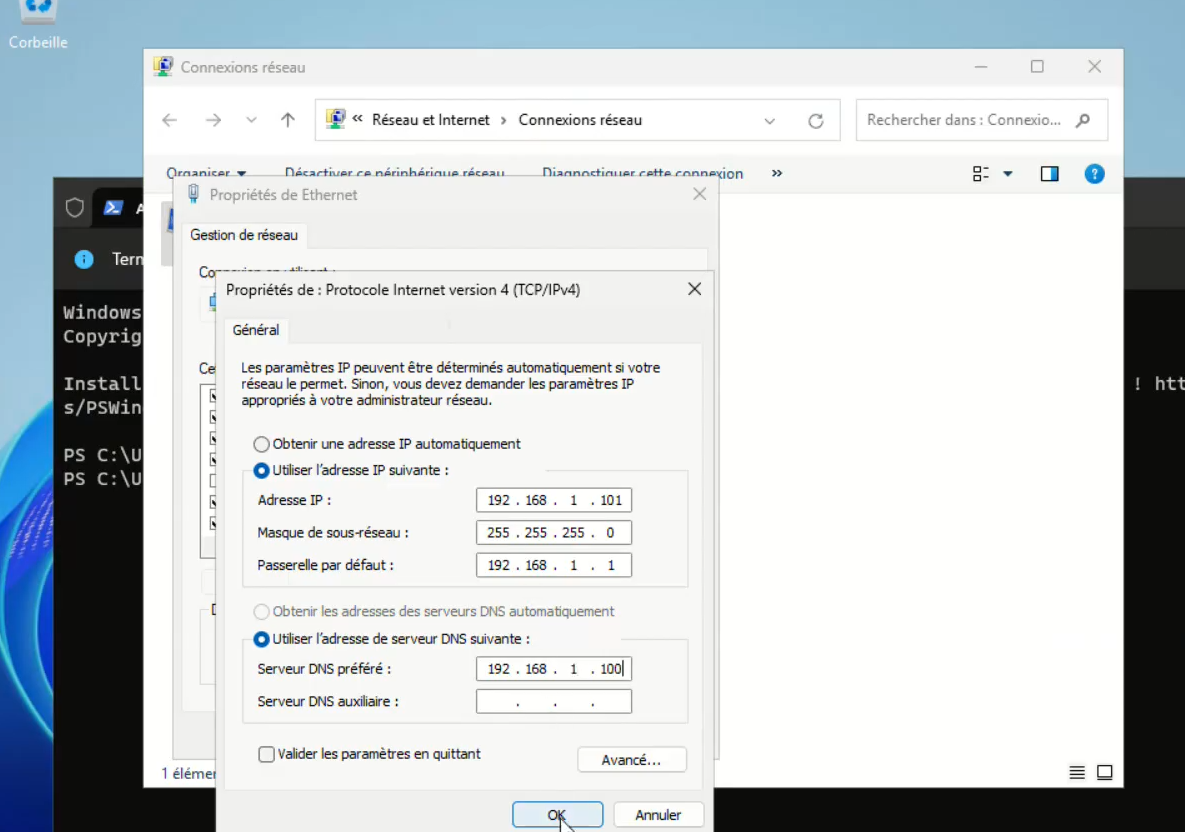 Configuration IPv4 du poste client