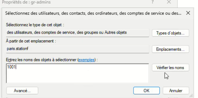Fenêtre Vérifier les noms