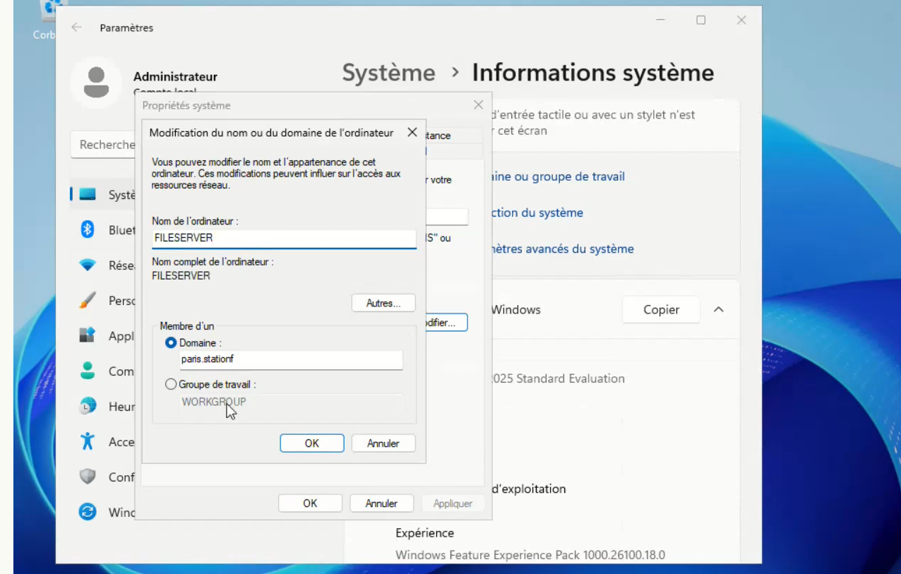 Jointure du serveur FILESERVER au domaine