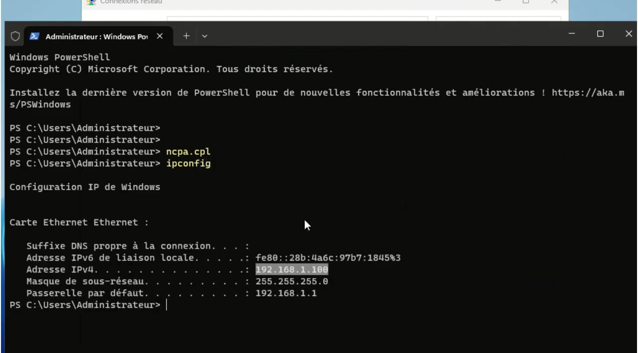 Vérification IP - Commande ipconfig