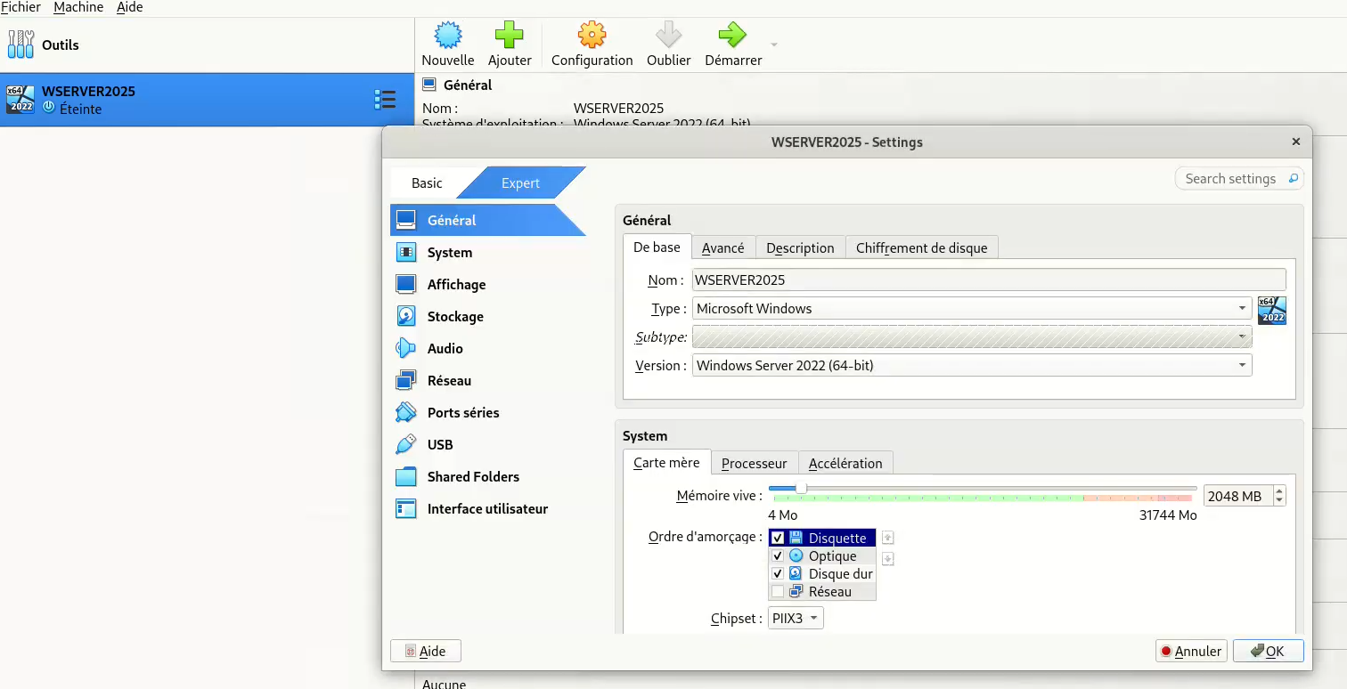 Paramètres VirtualBox WSERVER2025