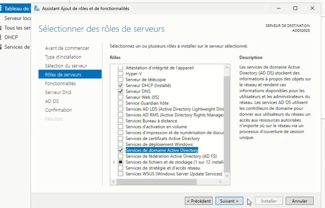 Détail des rôles Serveur DHCP, DNS et AD DS